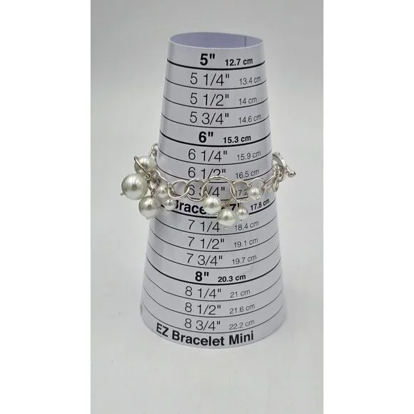 Silver Tone Dangle Faux Pearl Charm Bracelet Circle Link Toggle Clasp Jewelry - Picture 5 of 5